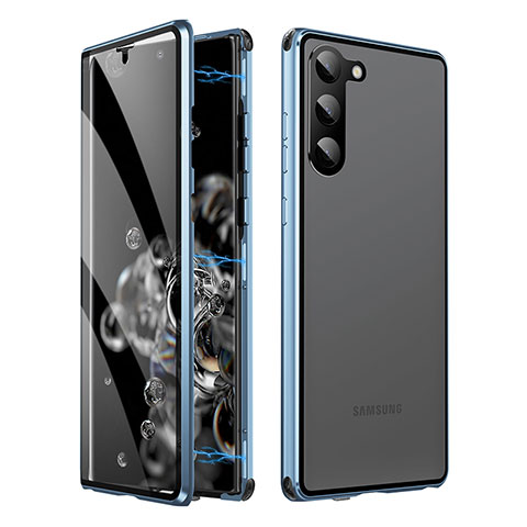 Custodia Lusso Alluminio Laterale Specchio 360 Gradi Cover LK1 per Samsung Galaxy S22 5G Blu