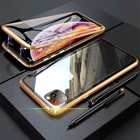 Custodia Lusso Alluminio Laterale Specchio 360 Gradi Cover M01 per Apple iPhone 11 Pro Max Oro