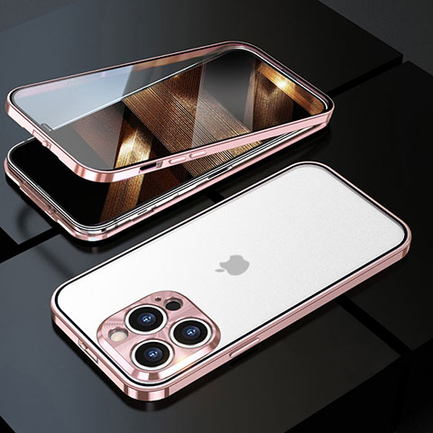 Custodia Lusso Alluminio Laterale Specchio 360 Gradi Cover M01 per Apple iPhone 14 Pro Max Oro Rosa