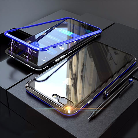 Custodia Lusso Alluminio Laterale Specchio 360 Gradi Cover M01 per Apple iPhone 7 Plus Blu