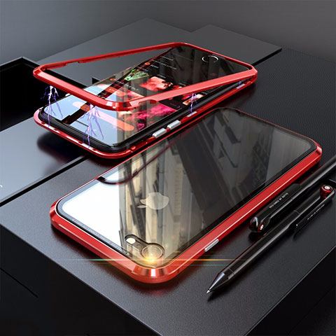 Custodia Lusso Alluminio Laterale Specchio 360 Gradi Cover M01 per Apple iPhone 7 Rosso