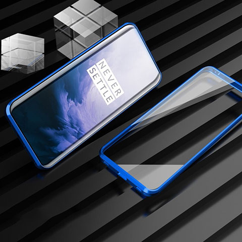 Custodia Lusso Alluminio Laterale Specchio 360 Gradi Cover M01 per OnePlus 7T Pro 5G Blu