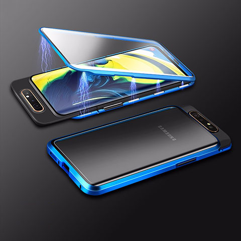 Custodia Lusso Alluminio Laterale Specchio 360 Gradi Cover M01 per Samsung Galaxy A90 4G Blu
