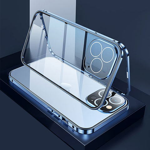 Custodia Lusso Alluminio Laterale Specchio 360 Gradi Cover M02 per Apple iPhone 13 Pro Max Blu