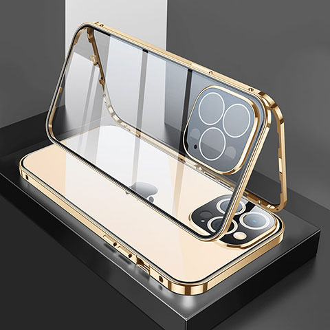 Custodia Lusso Alluminio Laterale Specchio 360 Gradi Cover M02 per Apple iPhone 13 Pro Max Oro