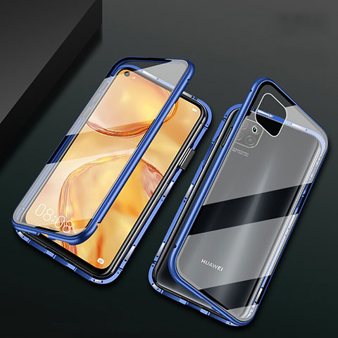 Custodia Lusso Alluminio Laterale Specchio 360 Gradi Cover M02 per Huawei P40 Lite Blu