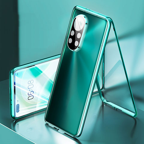 Custodia Lusso Alluminio Laterale Specchio 360 Gradi Cover M03 per Huawei Nova 8 Pro 5G Ciano