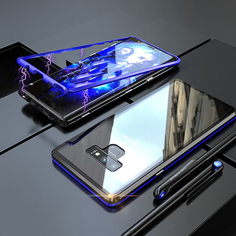 Custodia Lusso Alluminio Laterale Specchio 360 Gradi Cover M04 per Samsung Galaxy Note 9 Blu