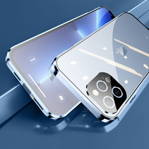Custodia Lusso Alluminio Laterale Specchio 360 Gradi Cover M05 per Apple iPhone 13 Pro Max Blu