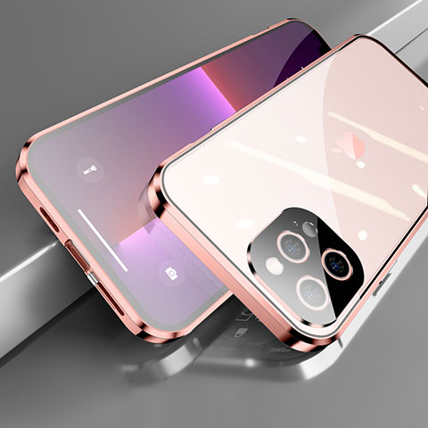 Custodia Lusso Alluminio Laterale Specchio 360 Gradi Cover M05 per Apple iPhone 13 Pro Max Oro Rosa