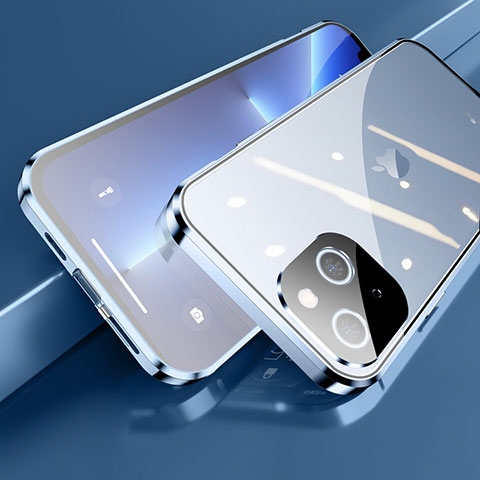 Custodia Lusso Alluminio Laterale Specchio 360 Gradi Cover M05 per Apple iPhone 14 Blu