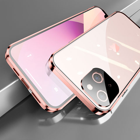 Custodia Lusso Alluminio Laterale Specchio 360 Gradi Cover M05 per Apple iPhone 14 Oro Rosa