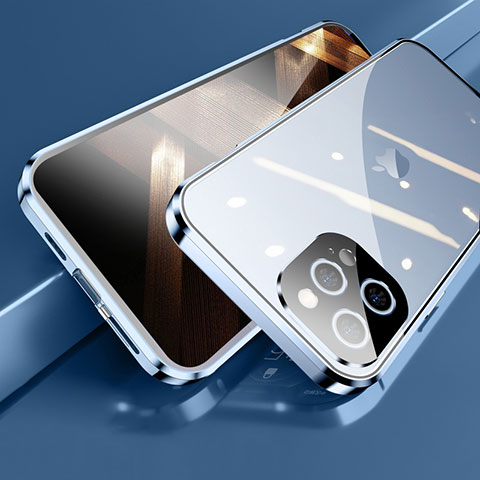 Custodia Lusso Alluminio Laterale Specchio 360 Gradi Cover M05 per Apple iPhone 14 Pro Blu