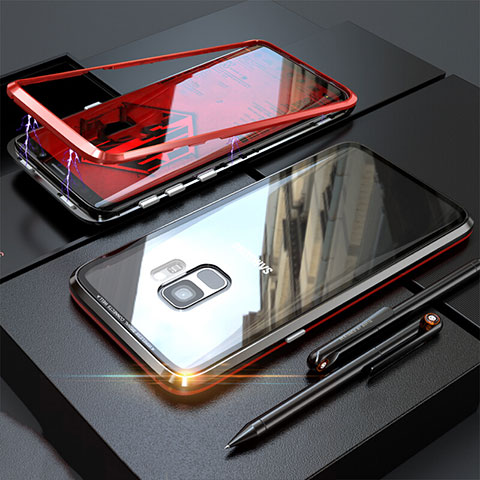 Custodia Lusso Alluminio Laterale Specchio 360 Gradi Cover M05 per Samsung Galaxy S9 Rosso e Nero