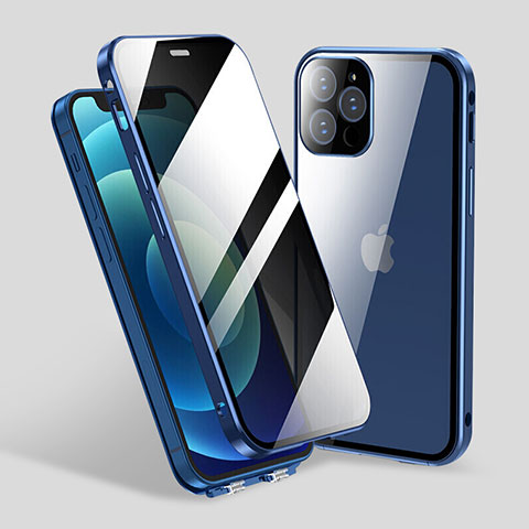 Custodia Lusso Alluminio Laterale Specchio 360 Gradi Cover M06 per Apple iPhone 13 Pro Max Blu