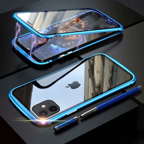 Custodia Lusso Alluminio Laterale Specchio 360 Gradi Cover M07 per Apple iPhone 11 Cielo Blu