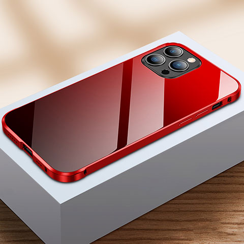 Custodia Lusso Alluminio Laterale Specchio 360 Gradi Cover M07 per Apple iPhone 14 Pro Rosso e Nero
