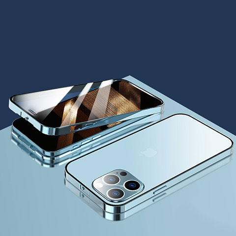 Custodia Lusso Alluminio Laterale Specchio 360 Gradi Cover M10 per Apple iPhone 15 Pro Blu