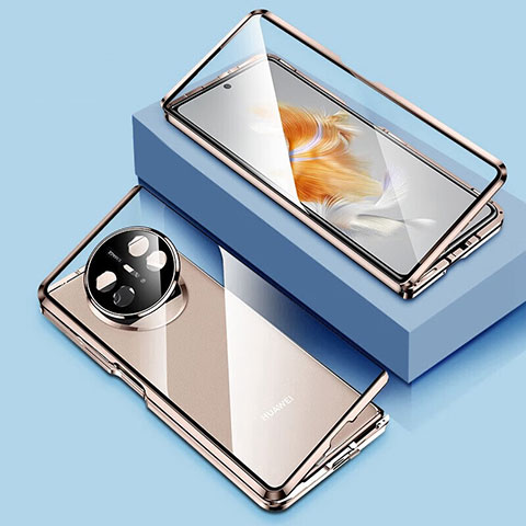 Custodia Lusso Alluminio Laterale Specchio 360 Gradi Cover P01 per Huawei Mate X3 Oro