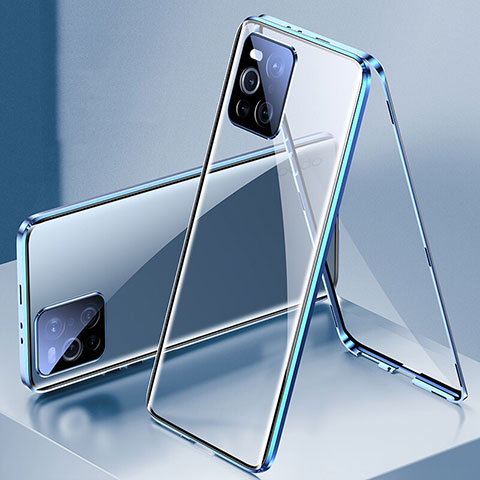 Custodia Lusso Alluminio Laterale Specchio 360 Gradi Cover P01 per Oppo Find X3 Pro 5G Blu