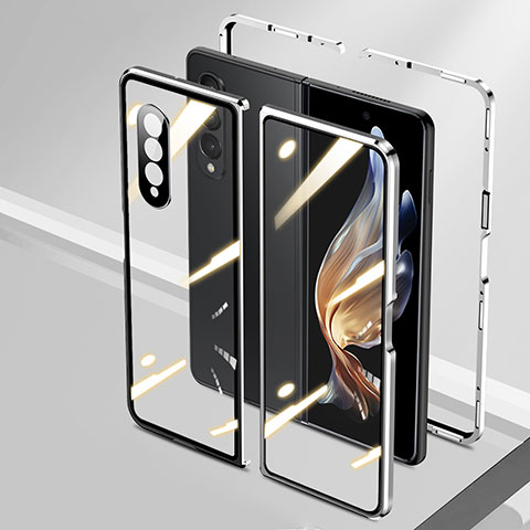 Custodia Lusso Alluminio Laterale Specchio 360 Gradi Cover P01 per Samsung Galaxy Z Fold3 5G Argento