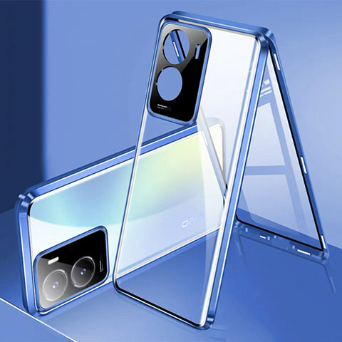 Custodia Lusso Alluminio Laterale Specchio 360 Gradi Cover P01 per Vivo iQOO Z7 5G Blu