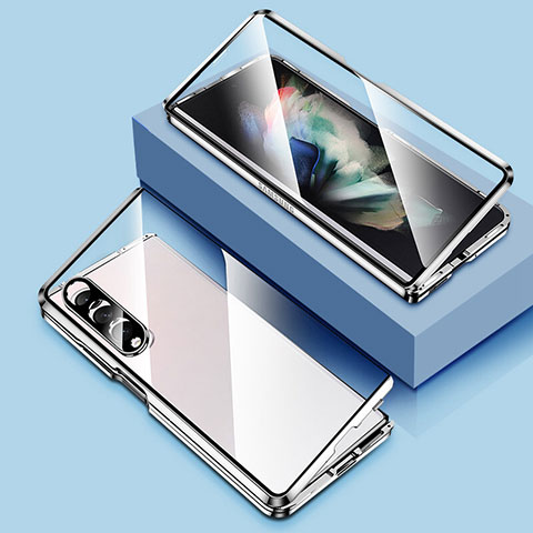 Custodia Lusso Alluminio Laterale Specchio 360 Gradi Cover P03 per Samsung Galaxy Z Fold3 5G Argento