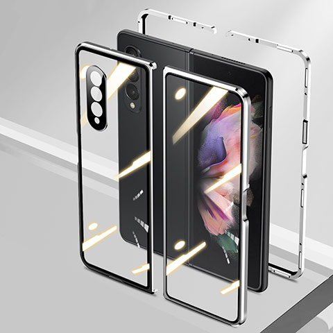Custodia Lusso Alluminio Laterale Specchio 360 Gradi Cover P05 per Samsung Galaxy Z Fold3 5G Argento
