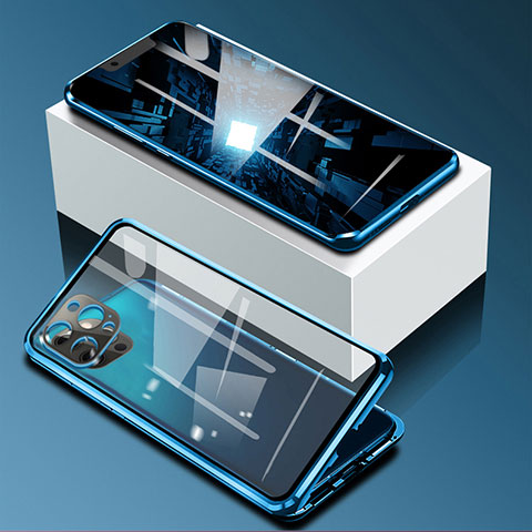 Custodia Lusso Alluminio Laterale Specchio 360 Gradi Cover per Apple iPhone 13 Pro Blu