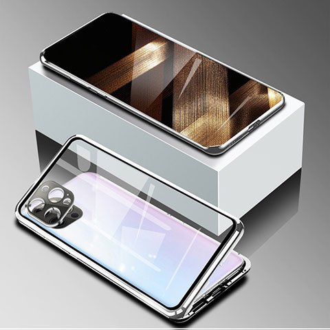 Custodia Lusso Alluminio Laterale Specchio 360 Gradi Cover per Apple iPhone 14 Pro Argento