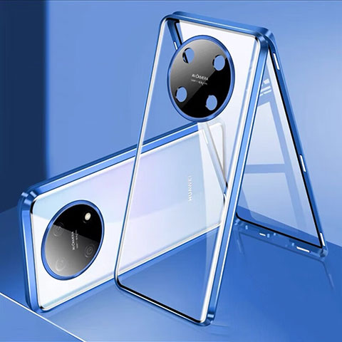 Custodia Lusso Alluminio Laterale Specchio 360 Gradi Cover per Huawei Nova Y90 Blu