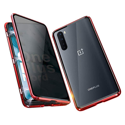 Custodia Lusso Alluminio Laterale Specchio 360 Gradi Cover per OnePlus Nord Rosso