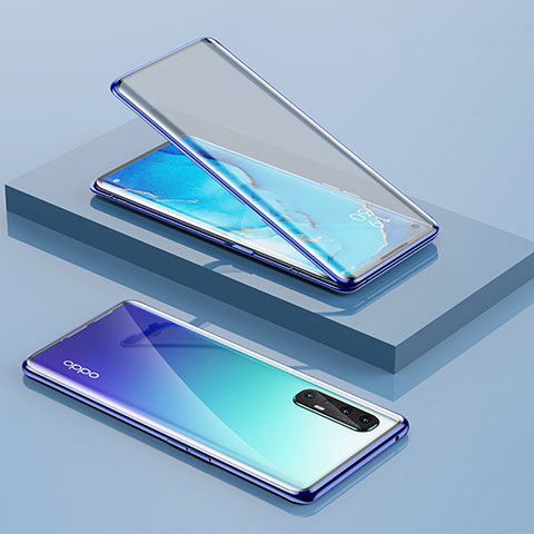 Custodia Lusso Alluminio Laterale Specchio 360 Gradi Cover per Oppo Reno3 Pro Blu