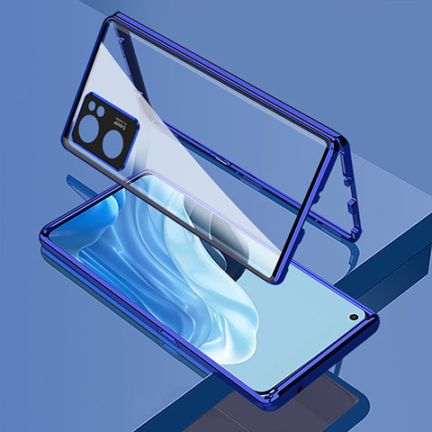 Custodia Lusso Alluminio Laterale Specchio 360 Gradi Cover per Oppo Reno7 SE 5G Blu