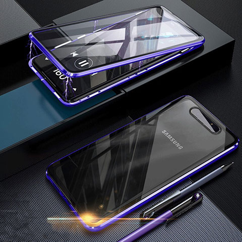 Custodia Lusso Alluminio Laterale Specchio 360 Gradi Cover per Samsung Galaxy A80 Blu
