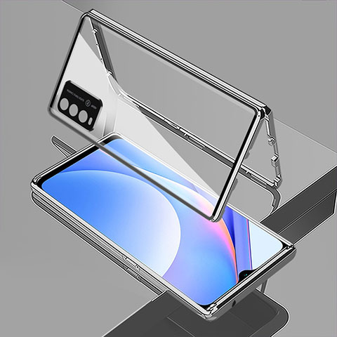 Custodia Lusso Alluminio Laterale Specchio 360 Gradi Cover per Xiaomi Redmi Note 9 4G Argento