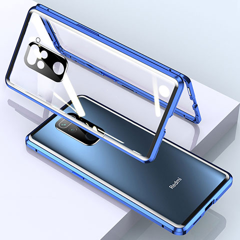 Custodia Lusso Alluminio Laterale Specchio 360 Gradi Cover per Xiaomi Redmi Note 9 Blu