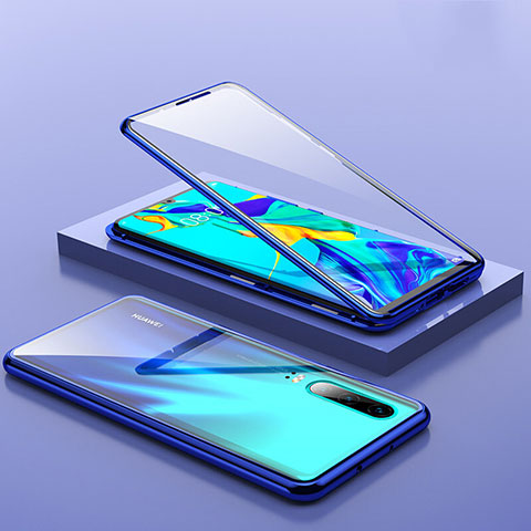 Custodia Lusso Alluminio Laterale Specchio 360 Gradi Cover T01 per Huawei P30 Blu