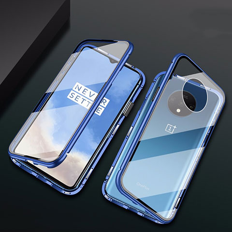 Custodia Lusso Alluminio Laterale Specchio 360 Gradi Cover T01 per OnePlus 7T Blu