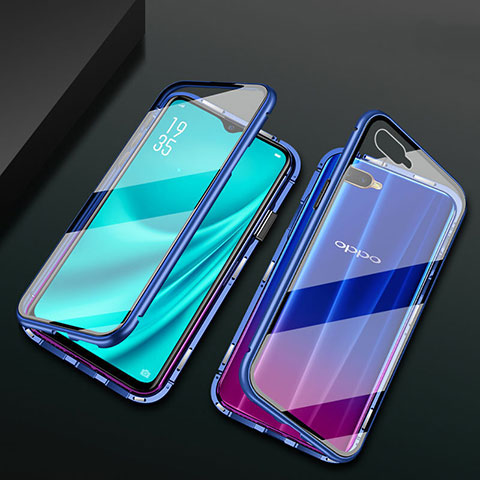 Custodia Lusso Alluminio Laterale Specchio 360 Gradi Cover T01 per Oppo K1 Blu