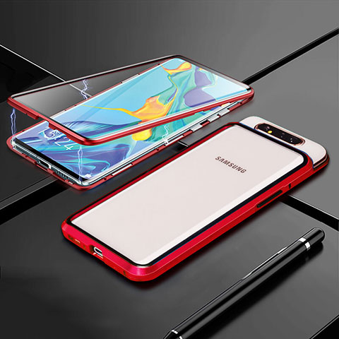 Custodia Lusso Alluminio Laterale Specchio 360 Gradi Cover T01 per Samsung Galaxy A80 Rosso