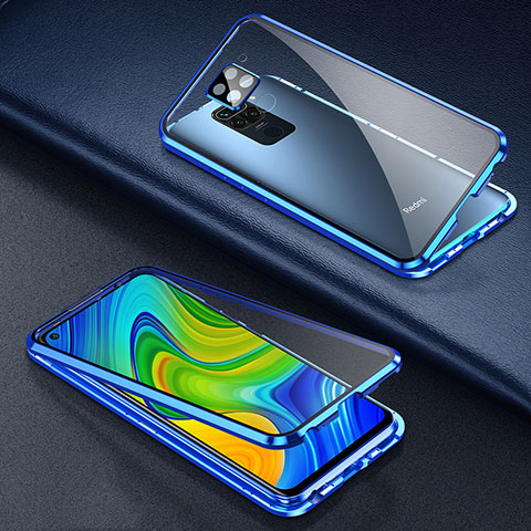Custodia Lusso Alluminio Laterale Specchio 360 Gradi Cover T01 per Xiaomi Redmi Note 9 Blu