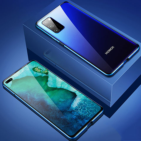 Custodia Lusso Alluminio Laterale Specchio 360 Gradi Cover T02 per Huawei Honor V30 Pro 5G Blu