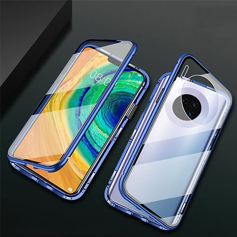 Custodia Lusso Alluminio Laterale Specchio 360 Gradi Cover T02 per Huawei Mate 30 Blu