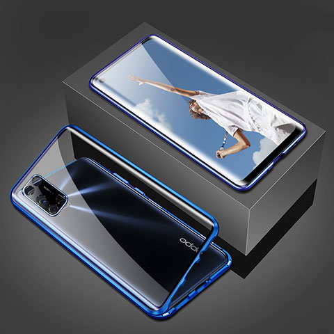 Custodia Lusso Alluminio Laterale Specchio 360 Gradi Cover T02 per Oppo A72 Blu