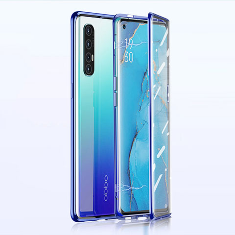 Custodia Lusso Alluminio Laterale Specchio 360 Gradi Cover T02 per Oppo Reno3 Pro Blu