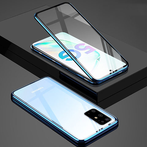 Custodia Lusso Alluminio Laterale Specchio 360 Gradi Cover T02 per Samsung Galaxy S20 Plus Blu