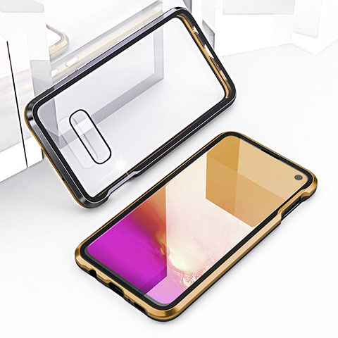 Custodia Lusso Alluminio Laterale Specchio 360 Gradi Cover T03 per Samsung Galaxy S10e Oro