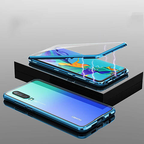 Custodia Lusso Alluminio Laterale Specchio 360 Gradi Cover T04 per Huawei P30 Blu