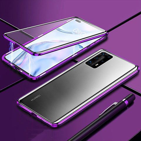 Custodia Lusso Alluminio Laterale Specchio 360 Gradi Cover T04 per Huawei P40 Pro+ Plus Viola